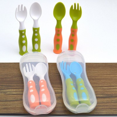 Safe plastic baby spoon+ fork Anti-Skid handle learning tableware children dishes with storage box 2 pcs/set