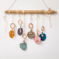 Baby Teethers Cotton Leaves Shape Pendant Beech Wooden Rings Teething Wood Beads Baby Bed Hanging Accessories Rattle Toys