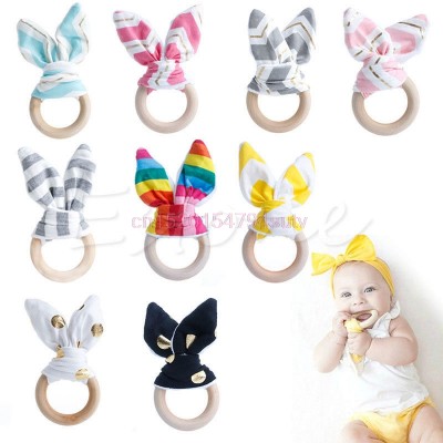 Baby teething ring chewie teether safety wooden natural bunny sensory toy gift