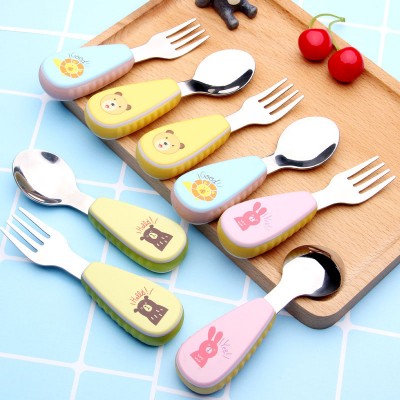 2pcs/ Set Children Spoon Portable Kids Stainless Steel Fork Safety Baby Feeding Spoon Eating Training Spork Infant Tableware