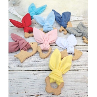 Baby Teethers Wood Animal with Fabric Wooden Training Sensory Baby Aid Handmade Ring Teething Newborn Mom Rabbit Ears Teether